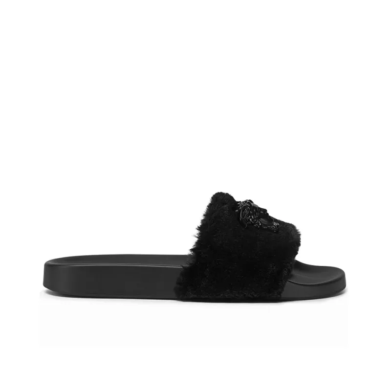 VERSACE La Medusa Faux Fur Slides Black Women's-1