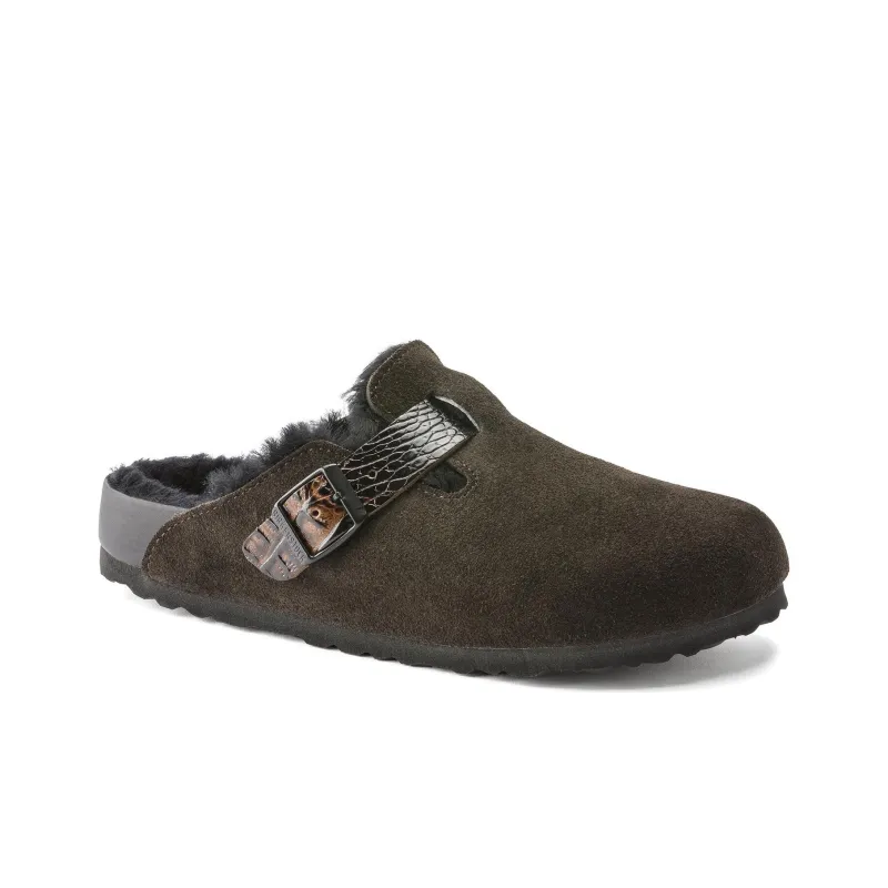 Birkenstock Boston Shearling Suede Reptile Embossed Strap Mocha Brown Black-1