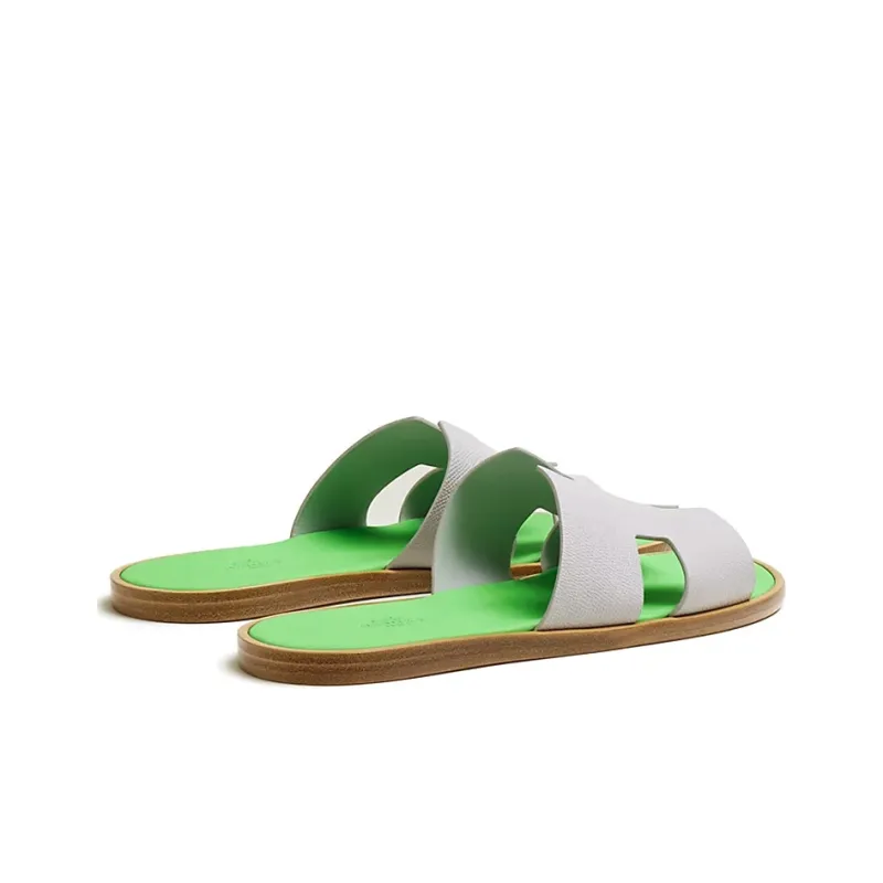 HERMES Izmir Sandal Gris Quartz Vert Fluo Epsom Calfskin Leather-3