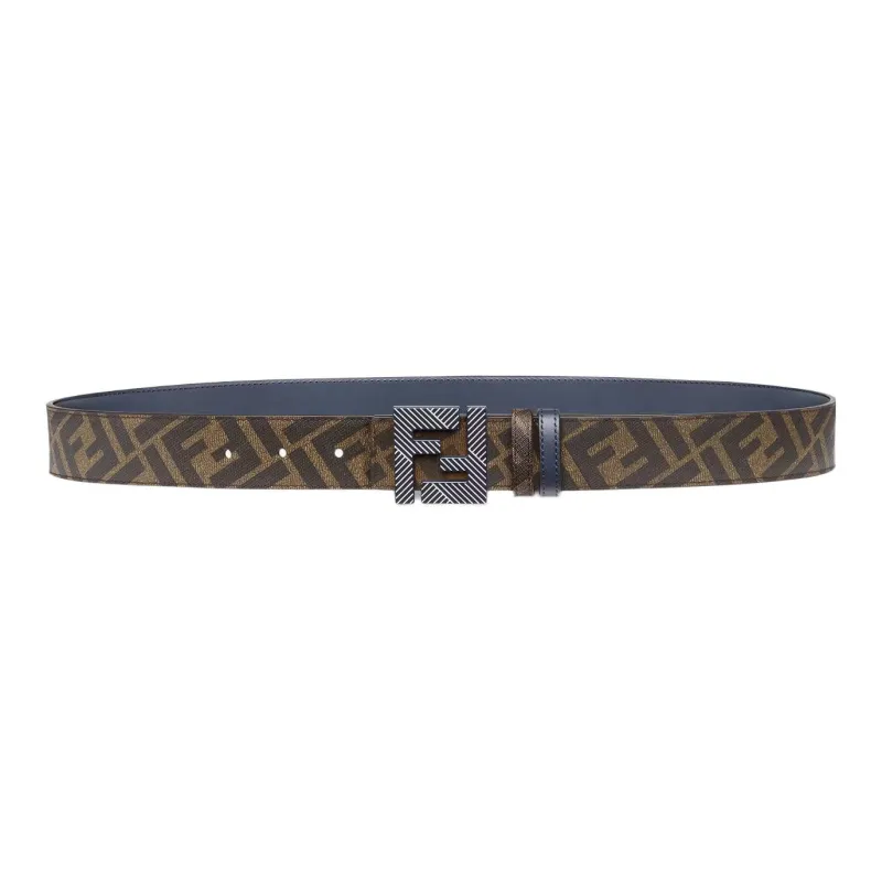 FENDI FF Squared Stud Buckle Logo Print Smooth Buckle Calfskin Leather Belts Men's Blue-1