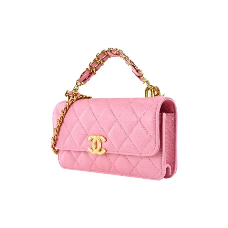 CHANEL 22K Autumn And Winter Grained Embossed Cow Leather Cell Phone Pouch Shoulder Bag Crossbody Bag Women's Pink-1