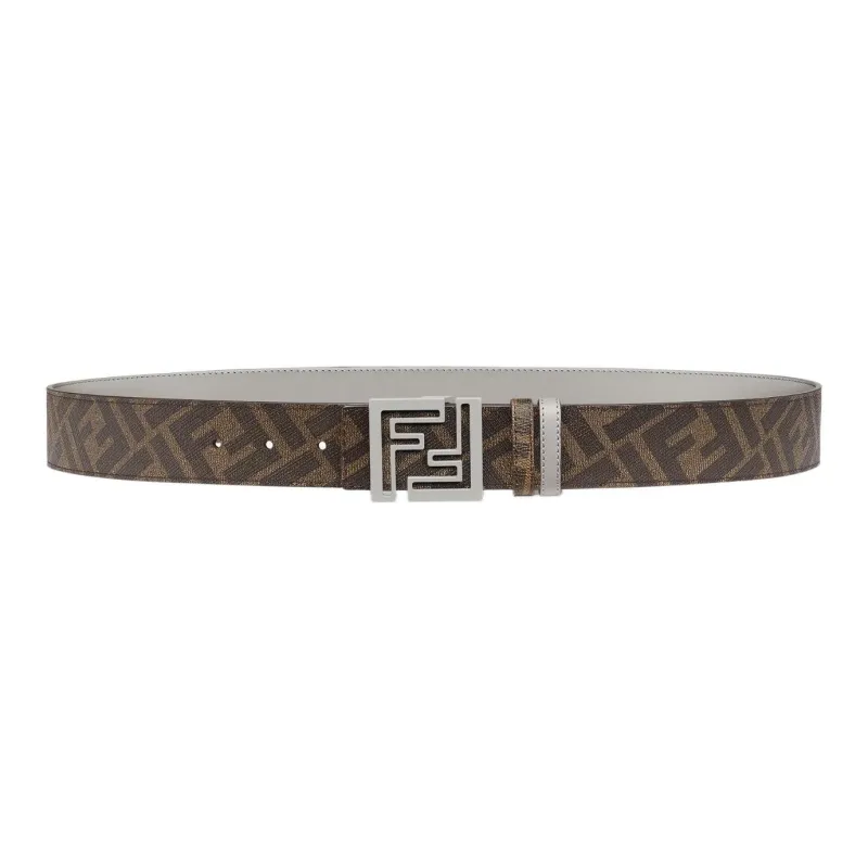 FENDI FF Squared Classic Logo Smooth Buckle Calfskin Leather Belts Men's Gray-1