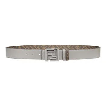 FENDI FF Squared Classic Logo Smooth Buckle Calfskin Leather Belts Men's Gray