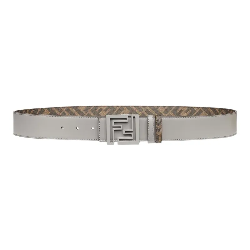 FENDI FF Squared Classic Logo Smooth Buckle Calfskin Leather Belts Men's Gray-0