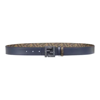 FENDI FF Squared Stud Buckle Logo Print Smooth Buckle Calfskin Leather Belts Men's Blue