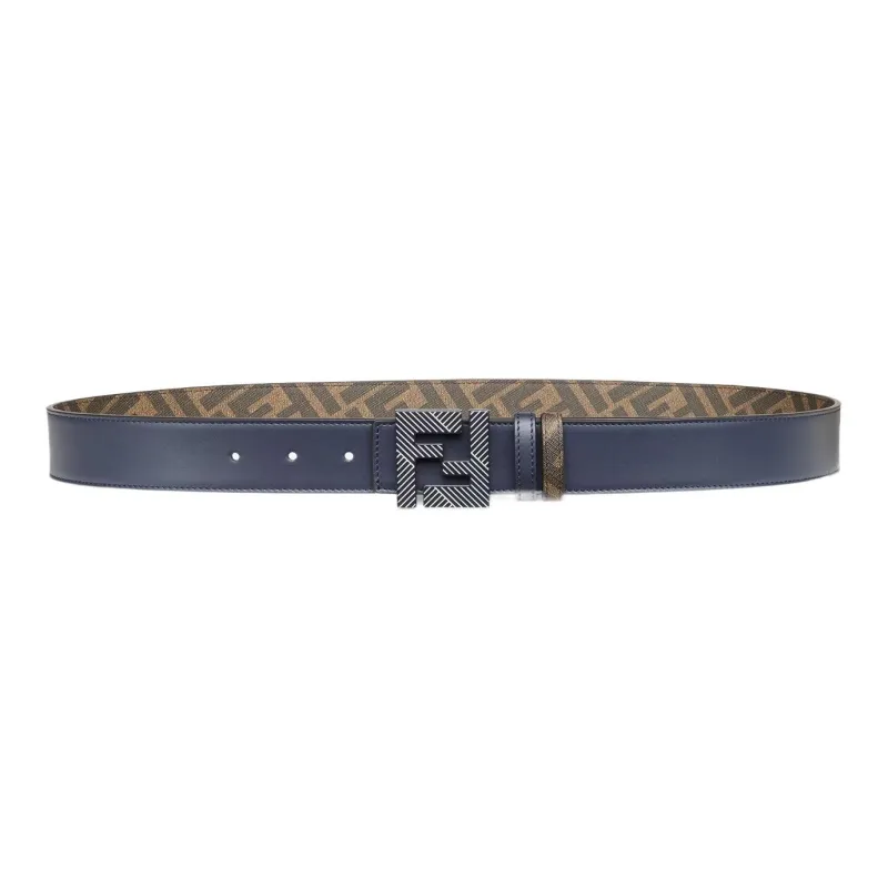 FENDI FF Squared Stud Buckle Logo Print Smooth Buckle Calfskin Leather Belts Men's Blue-0