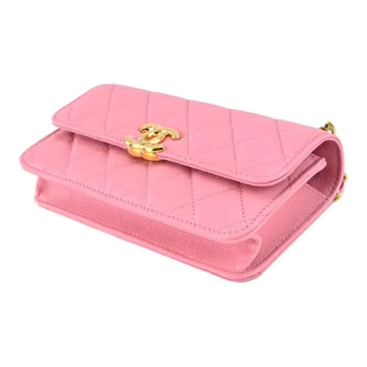CHANEL 22K Autumn And Winter Grained Embossed Cow Leather Cell Phone Pouch Shoulder Bag Crossbody Bag Women's Pink-3