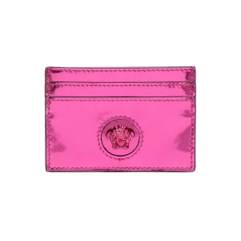 VERSACE Calfskin Card Clip Card Holder Women's Peach Pink