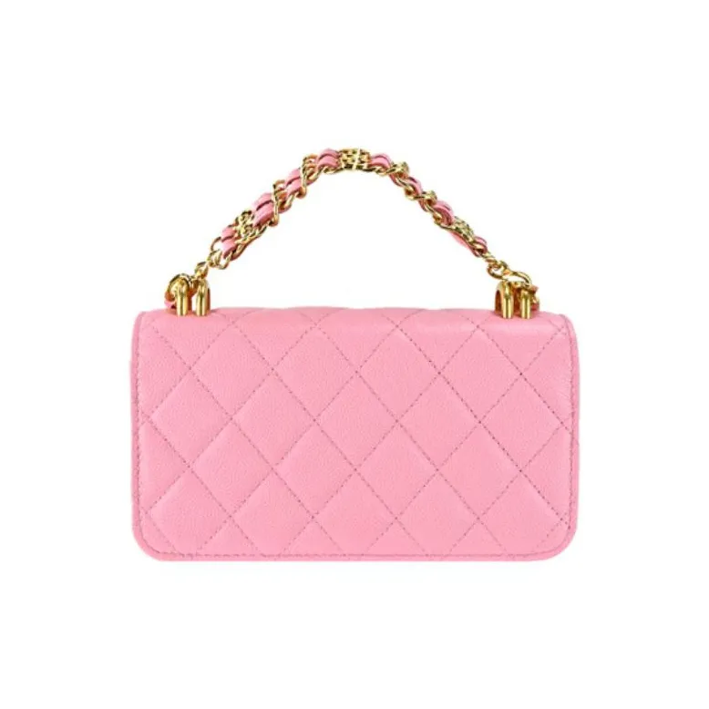 CHANEL 22K Autumn And Winter Grained Embossed Cow Leather Cell Phone Pouch Shoulder Bag Crossbody Bag Women's Pink-2