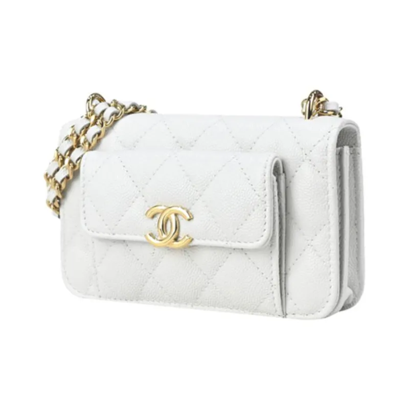 CHANEL WOC Grain Embossed Cow Leather Clutch, Shoulder Bag, Crossbody Bag Mini Women's White-1