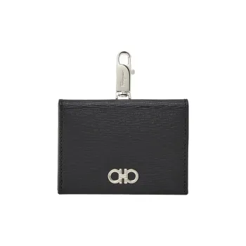 FERRAGAMO GANCINI Hammered Calfskin Card Holder Men's Black