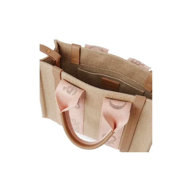 Chloe Woody Linen Calfskin Shoulder Bag Crossbody Bag Handbag Small Size Women's Light Beige-3