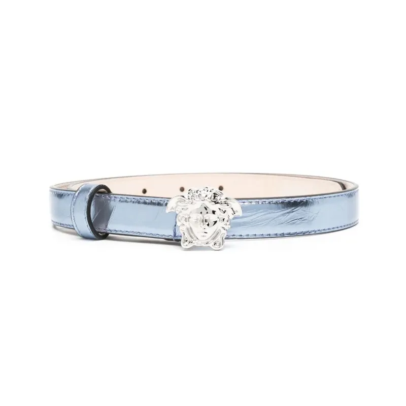VERSACE Brand Logo Styling Smooth Buckle Leather Belts Women's Blue Width: 2CM-0