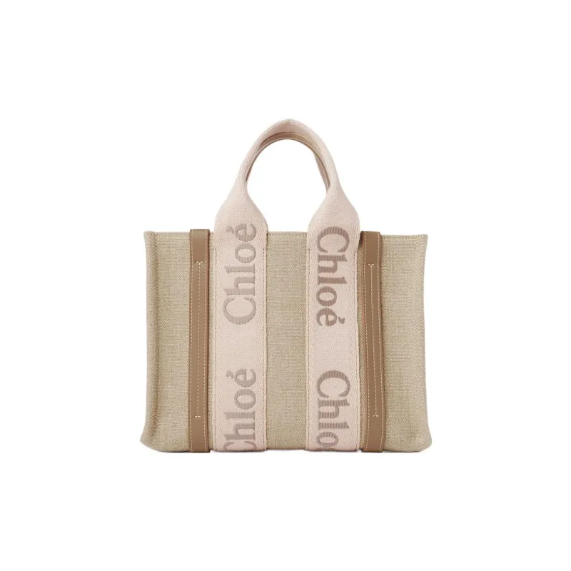 Chloe Woody Linen Calfskin Shoulder Bag Crossbody Bag Handbag Small Size Women's Light Beige-1
