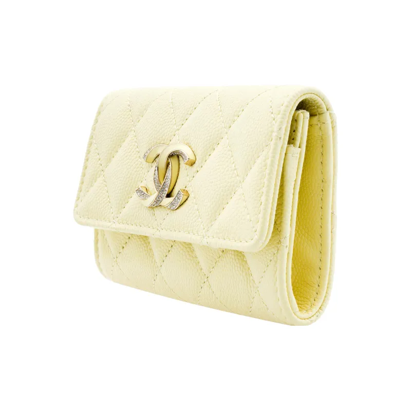 CHANEL Bright Grain Litchi Grain Cow Leather Wallet, Card Holder Women's Light Yellow-1