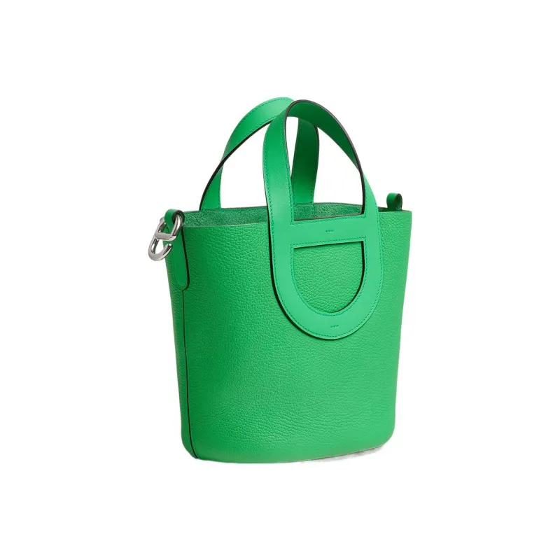 HERMES In The Loop Clemence Bullhide With Swift Calfskin Basket Bag Pig Nose Bucket Bag Handbag Women's Comic Green-2