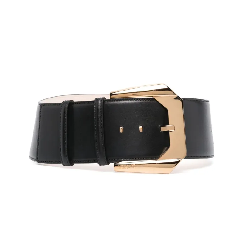 VERSACE Carving Logo Pin Buckle Leather Belts Women's Black Width: 8cm-0