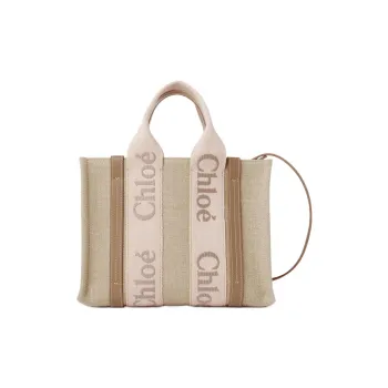 Chloe Woody Linen Calfskin Shoulder Bag Crossbody Bag Handbag Small Size Women's Light Beige