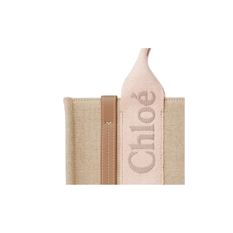 Chloe Woody Linen Calfskin Shoulder Bag Crossbody Bag Handbag Small Size Women's Light Beige-4