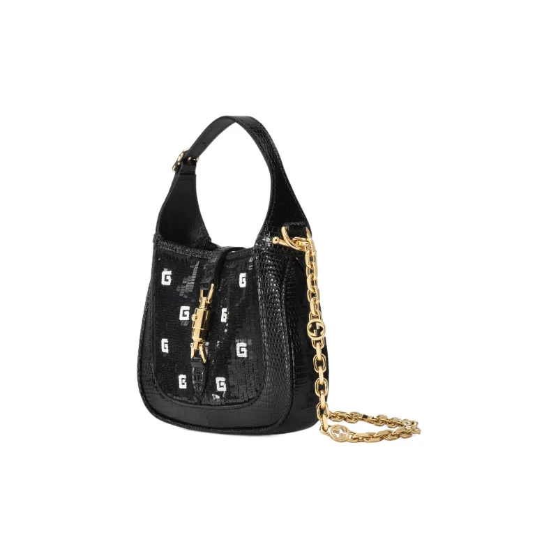 GUCCI Jackie 1961 Silk Fabric With Lizard Skin Accents Crescent Shoulder Bag Shoulder Bag Mini Women's Black-1