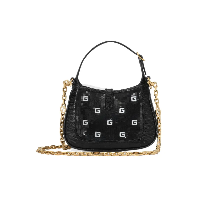 GUCCI Jackie 1961 Silk Fabric With Lizard Skin Accents Crescent Shoulder Bag Shoulder Bag Mini Women's Black-2