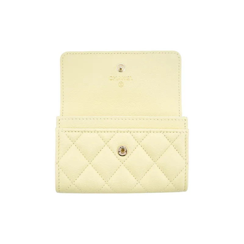 CHANEL Bright Grain Litchi Grain Cow Leather Wallet, Card Holder Women's Light Yellow-4