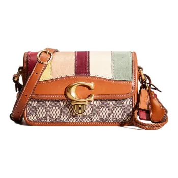 COACH Studio Jacquard With Glove Tanned Leather Messenger Bag, Shoulder Bag Small Size Women's Brown & Gray