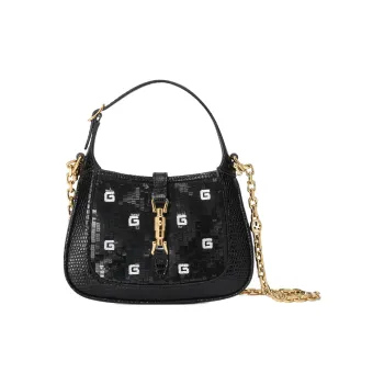 GUCCI Jackie 1961 Silk Fabric With Lizard Skin Accents Crescent Shoulder Bag Shoulder Bag Mini Women's Black