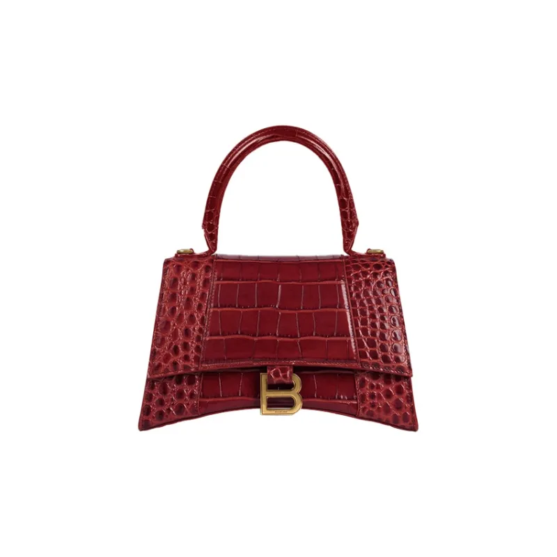Balenciaga Hourglass Top Handle Bag Small Crocodile Embossed Dark Red-3
