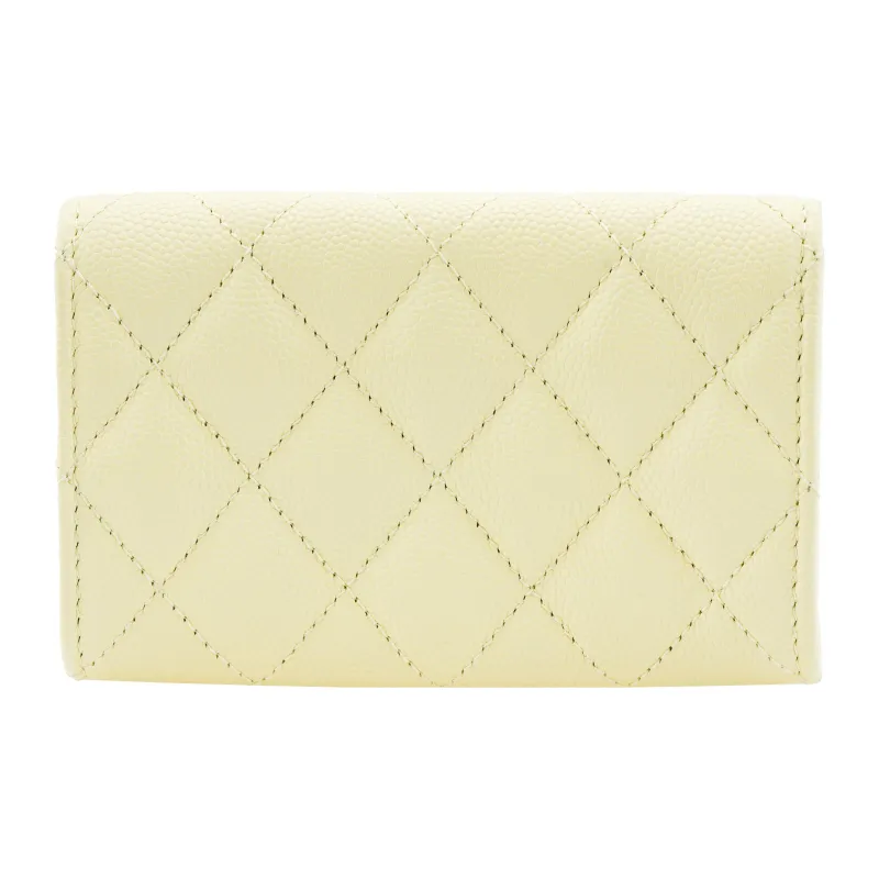 CHANEL Bright Grain Litchi Grain Cow Leather Wallet, Card Holder Women's Light Yellow-2