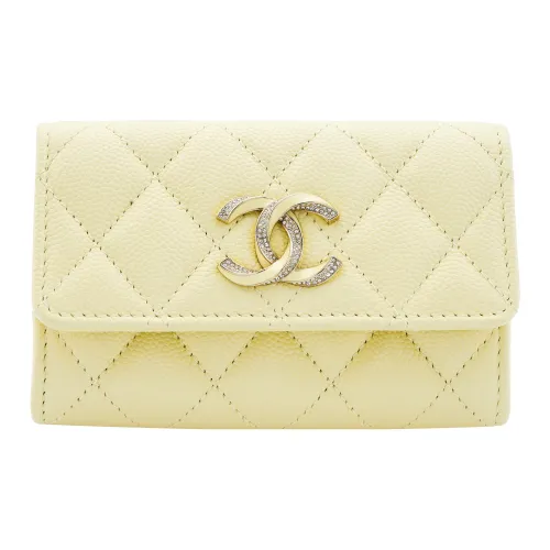 CHANEL Calfskin Wallets Card Holders Women's Light Yellow
