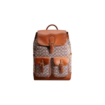 COACH Frankie Textile Jacquard With Glove Tanned Leather Backpack Large Size Unisex Brown & Gray