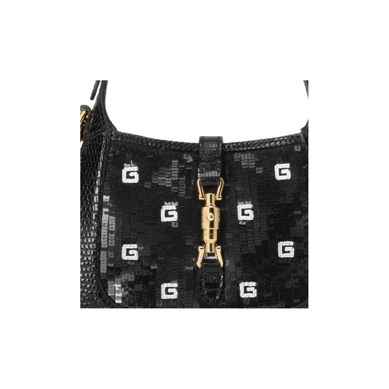 GUCCI Jackie 1961 Silk Fabric With Lizard Skin Accents Crescent Shoulder Bag Shoulder Bag Mini Women's Black-7
