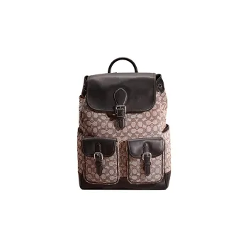 COACH Frankie Textile Jacquard With Glove Tanned Leather Backpack Large Size Unisex Black & Gray