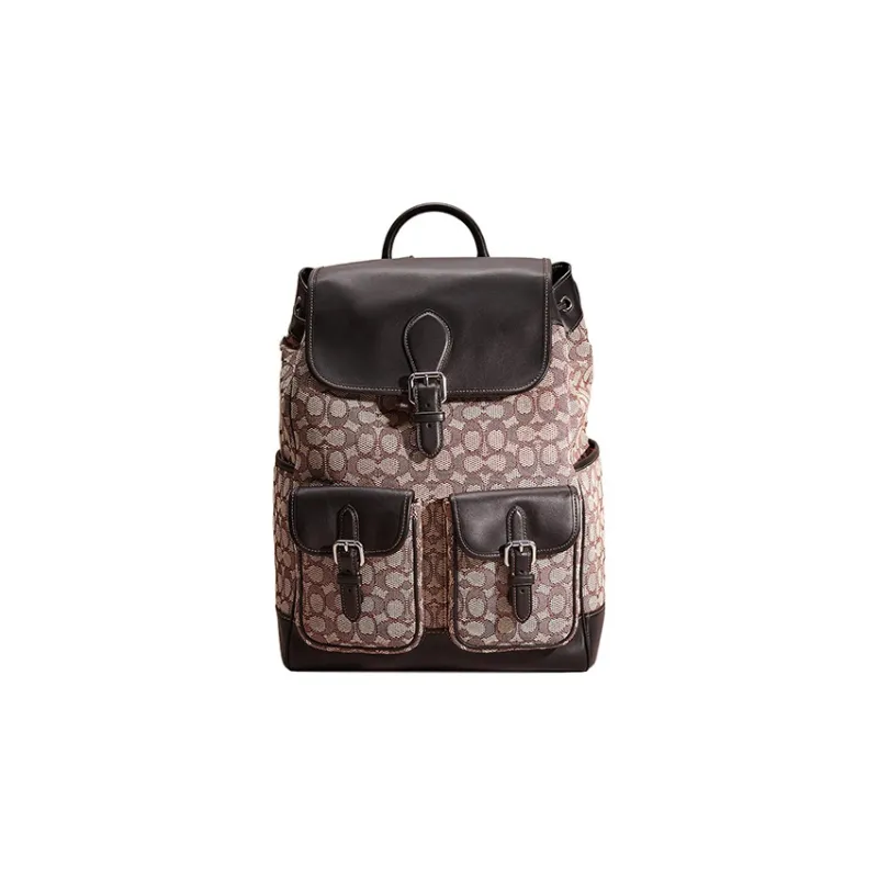 COACH Frankie Textile Jacquard With Glove Tanned Leather Backpack Large Size Unisex Black & Gray-0
