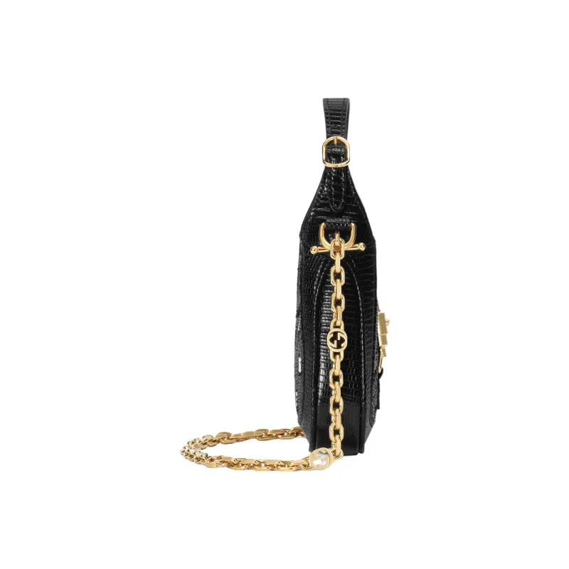 GUCCI Jackie 1961 Silk Fabric With Lizard Skin Accents Crescent Shoulder Bag Shoulder Bag Mini Women's Black-3