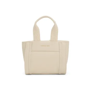 CHARLES&KEITH Canvas Bag, Handbag Small Size Women's Jet Black/Cognac Light Umber/Beige