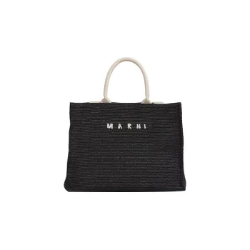 MARNI Logo Embroidered Raffia Top Handle Tote Bag