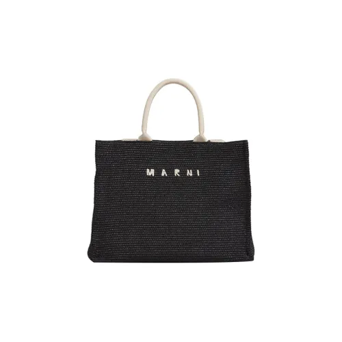 MARNI Logo Embroidered Raffia Top Handle Tote Bag