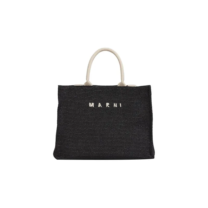 MARNI Logo Embroidered Raffia Top Handle Tote Bag-0