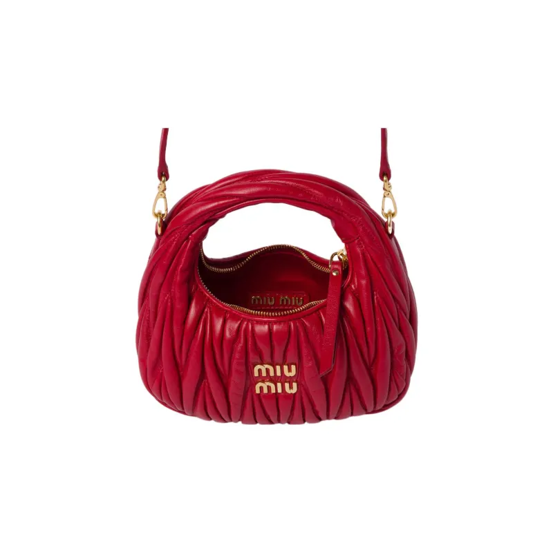 MIU MIU Matelassé Soft Sheep Leather Hobo Bag, Shoulder Bag, Crossbody Handbag Mini Women's Red-4