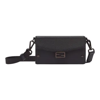 FENDI Full Grain Leather Cell Phone Pouch Crossbody Bag Shoulder Bag Men's Black