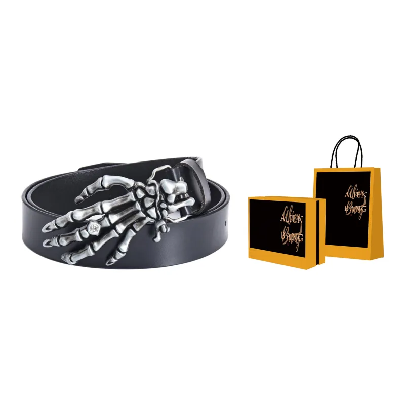 ALIEN BANG Individual Trendy Street Photography Niche Skull Hand Design Hip-Hop Leather Belts Men's Width: 3.8CM-4
