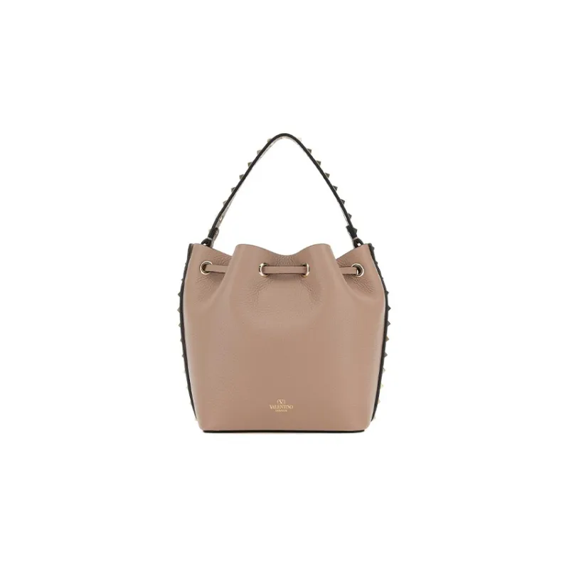 Valentino Rockstud Calfskin Bucket Bag Shoulder Bags Handbags Small Size Women's Brown-2