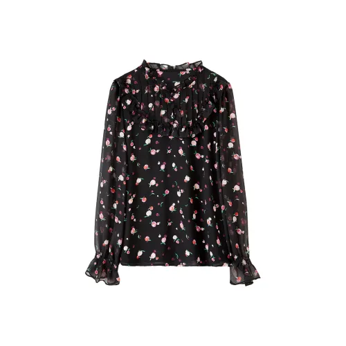 FANQIN Chiffon Shirts Women's Black Base Multicolor