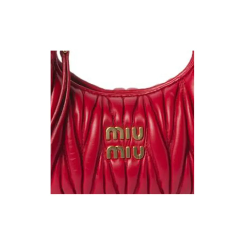MIU MIU Matelassé Soft Sheep Leather Hobo Bag, Shoulder Bag, Crossbody Handbag Mini Women's Red-5