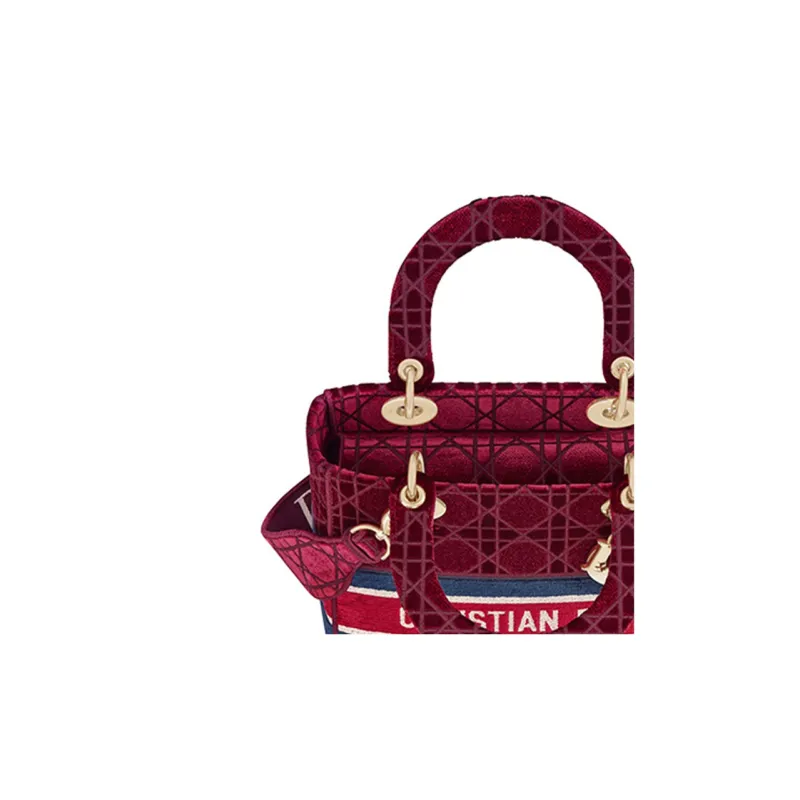 DIOR Lady D-Lite Velvet Daisie Bag Handbag Shoulder Bag Crossbody Bag Medium Size Women's Burgundy-5