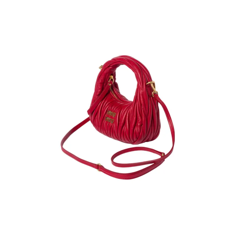 MIU MIU Matelassé Soft Sheep Leather Hobo Bag, Shoulder Bag, Crossbody Handbag Mini Women's Red-2