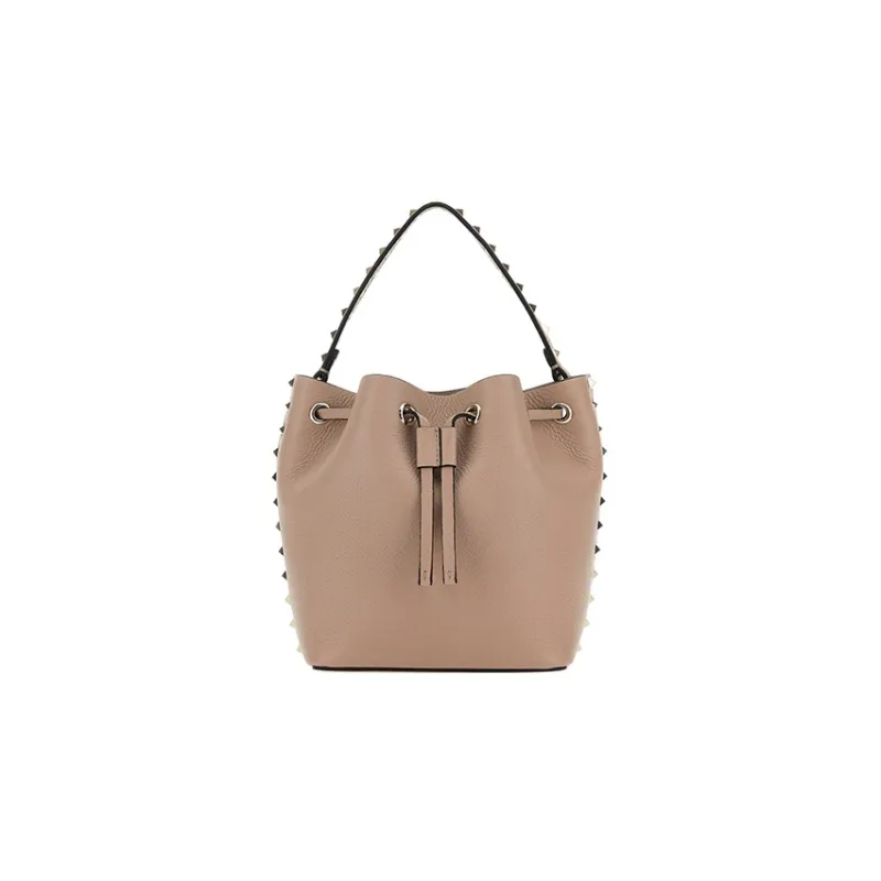 Valentino Rockstud Calfskin Bucket Bag Shoulder Bags Handbags Small Size Women's Brown-0