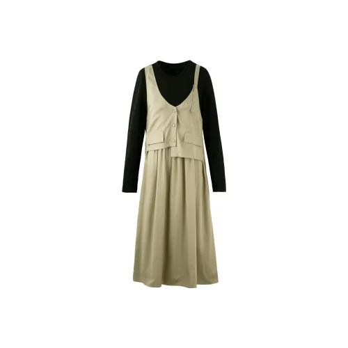 BASIC HOUSE Long-Sleeved Dresses Women's Black With Khaki